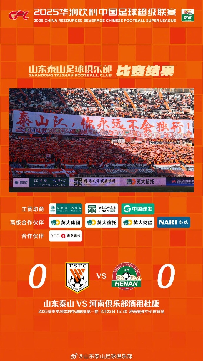 中超首戰(zhàn)，泰山隊(duì)雖未取勝，但全隊(duì)展現(xiàn)出了頑強(qiáng)的拼搏精神